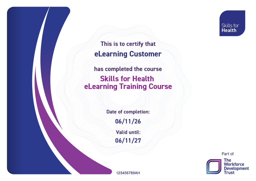 a preview of the Skills for Health eLearning Certificate - with an elaborate watermark and swirling blue and purple designs